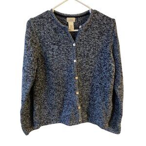 L.L.Bean Womens Blue & White Marled Button Front Cardigan Sweater M-Reg 100% Cot